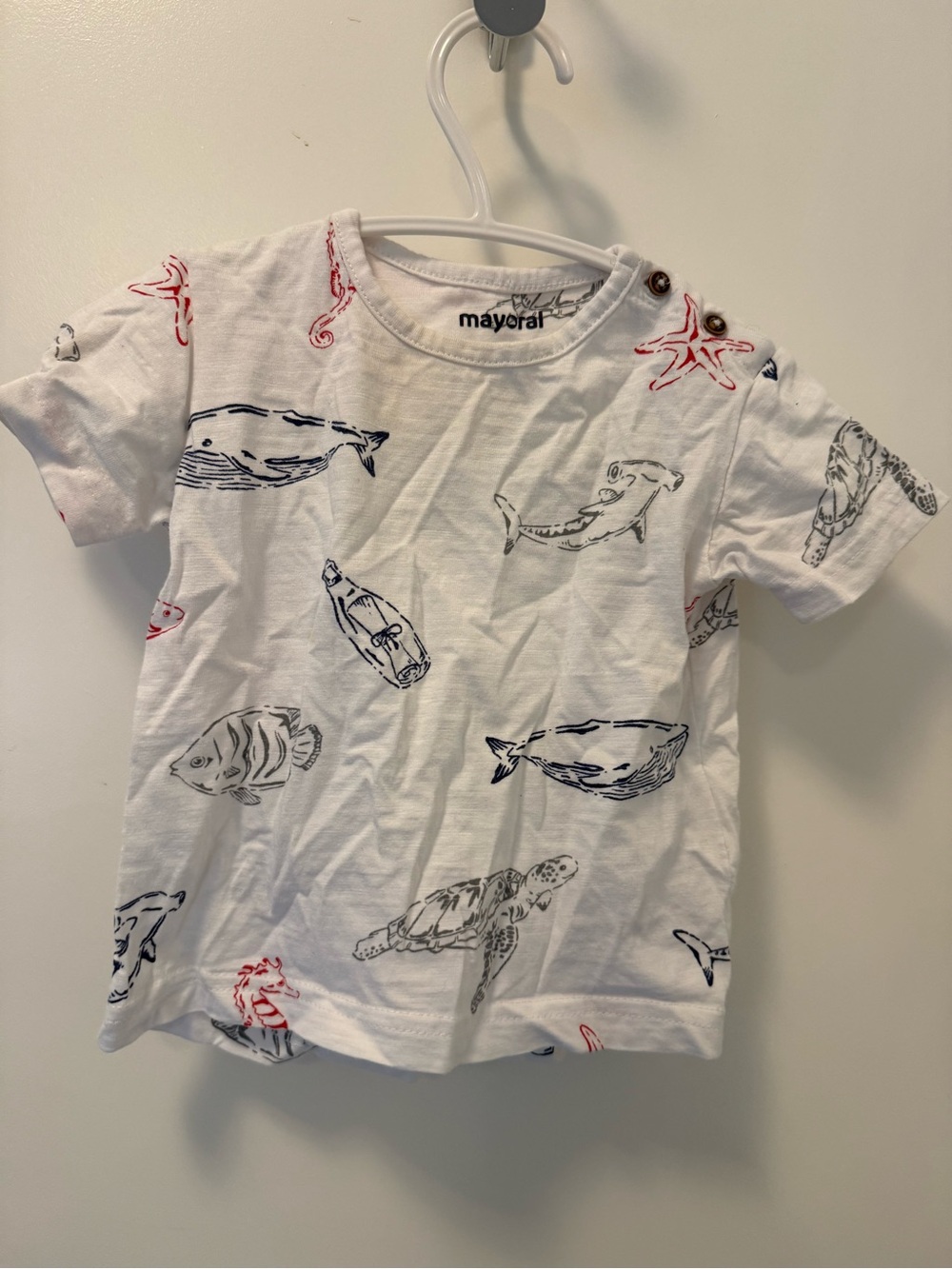 Mayoral White Short-Sleeve Nautical Print Tee with Navy and Red Accents 6 months
